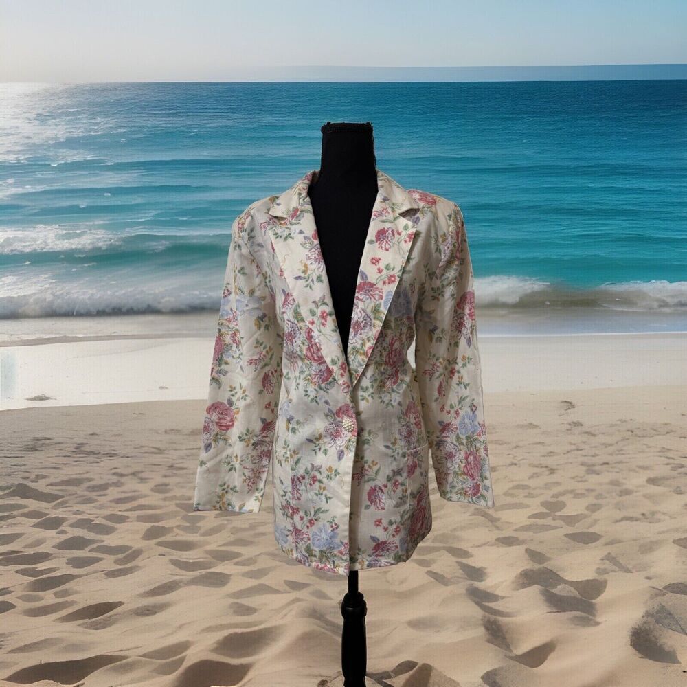 Y2K California Collection Inc Art Blazer 12?‎ Floral Button Linen All Over Print